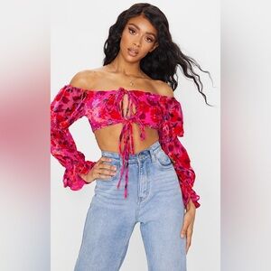 PrettyLittleThing NWT Pink Crop Blouse with Ruffled Sleeves and Tie Front
